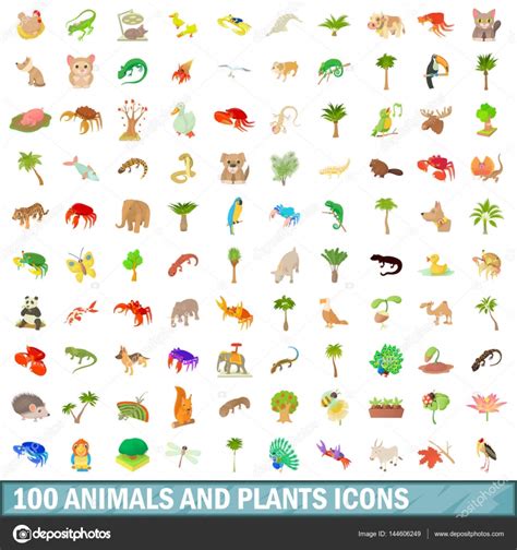 100 iconos de animales y plantas de conjunto, estilo de ...