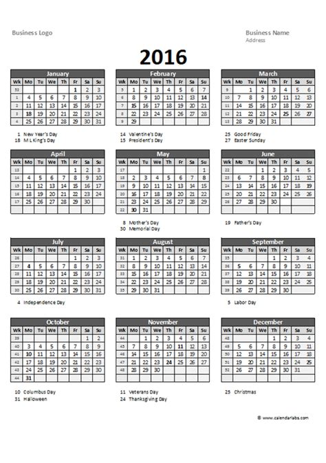 2016 annual calendar template