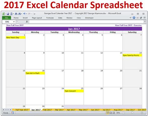 2017 Excel Calendar Template 2017 Monthly Calendar and 2017