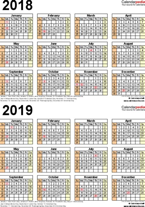 2018 2019 Calendar   free printable two year Excel calendars