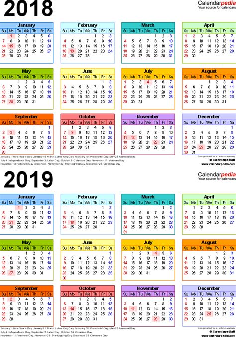 2018 2019 Calendar   free printable two year Excel calendars