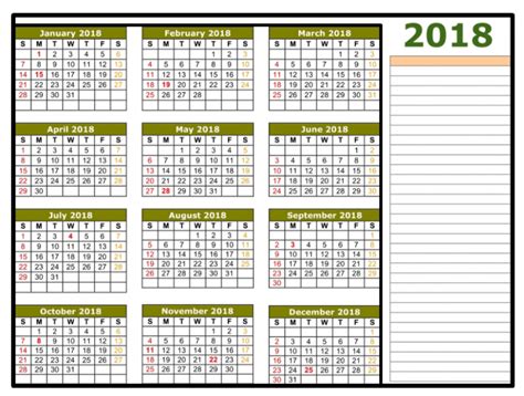 2018 Calendar Excel Template One page Monthly Yearly