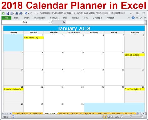 2018 Excel Calendar Year Template   Printable Monthly ...