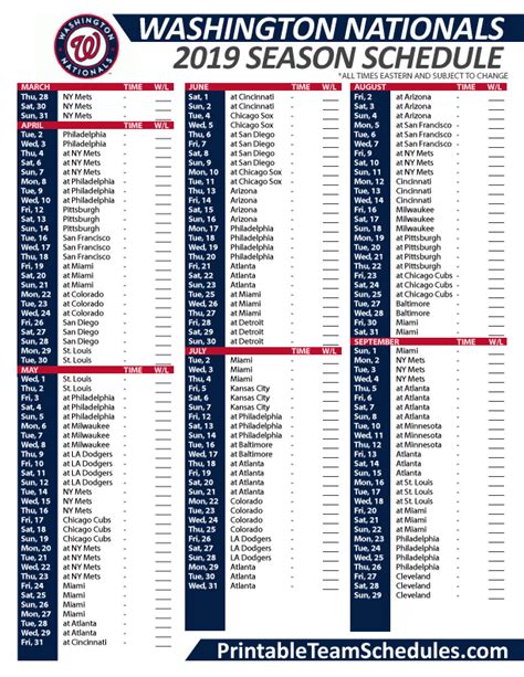 2018 Printable Washington Nationals Schedule