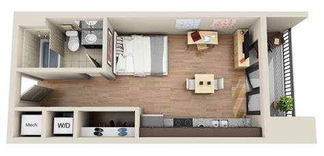 5 Planos de departamentos rectangulares de un dormitorio