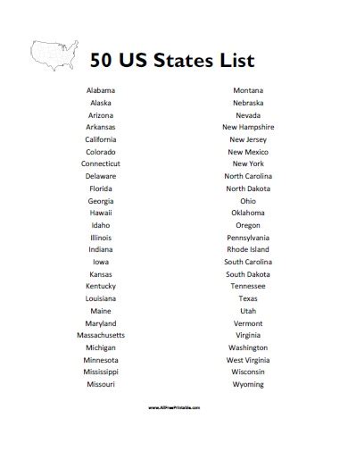 50 States List   Free Printable   AllFreePrintable.com