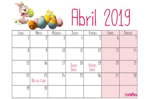 Abril   Calendario escolar 2018 2019 para imprimir ...