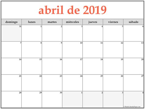 abril de 2019 calendario gratis | Calendario de