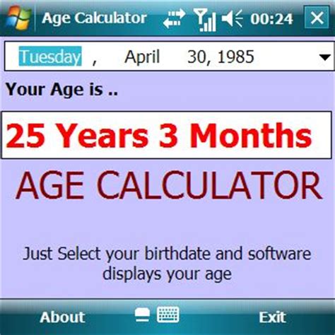 Age Calculator v1.00 freeware for Windows Mobile Phone.