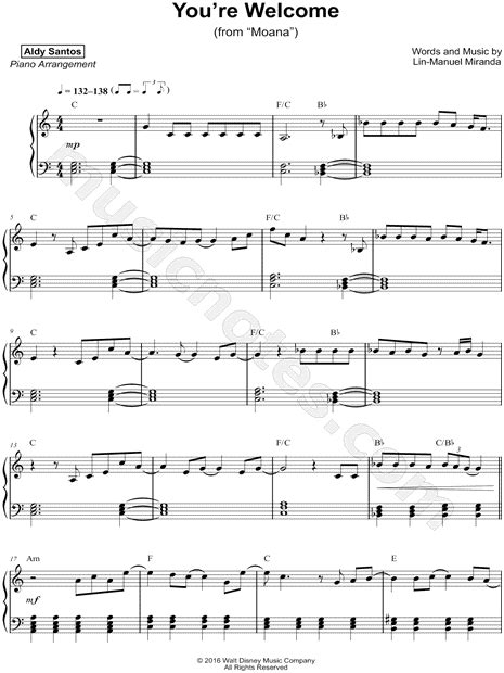 Aldy Santos  You re Welcome  Sheet Music  Piano Solo  in C ...