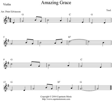 Amazing Grace, free violin sheet music notes