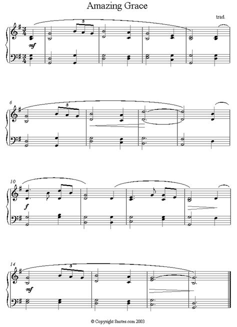 Amazing Grace sheet music for Piano   8notes.com