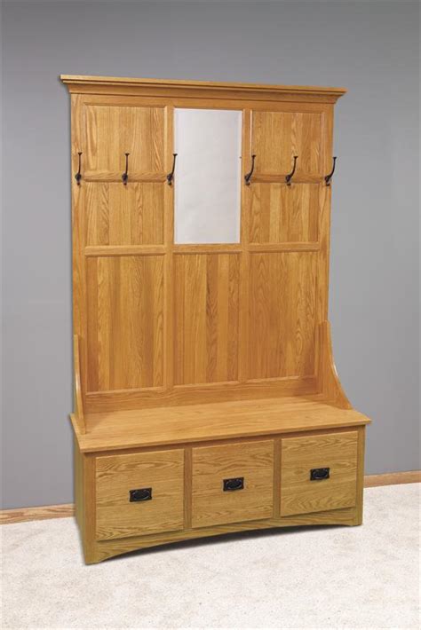 Amish Mission Hall Tree with Storage Bench 3 Drawer
