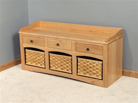Amish Small Hall Storage Bench with Baskets and Drawers