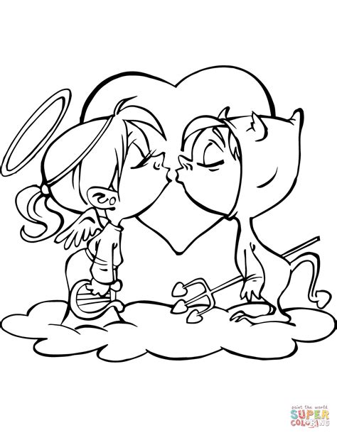 Angel and Devil Kissing coloring page | Free Printable ...