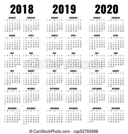 Anos, vetorial, 2020, modelo, 2019, calendário, 2018 ...