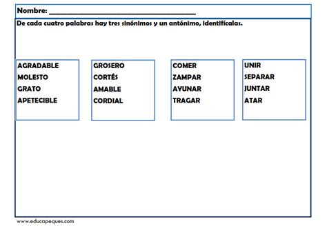 Antónimos y sinónimos: Fichas de ejercicios para primaria