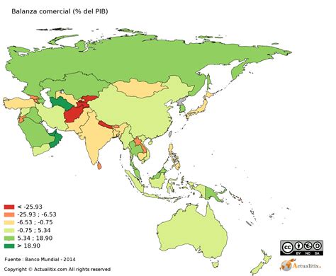 Asia y Oceanía : Mapa   Balanza comercial  % del PIB    2016