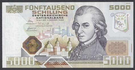 Austria banknotes 5000 Austrian schilling Mozart banknote ...