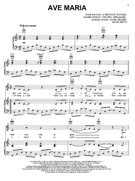 Ave Maria partition par Beyoncé  Piano, Chant et Guitare ...