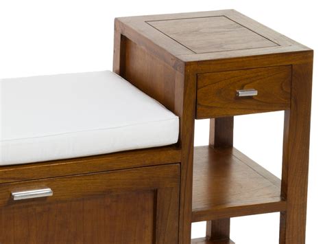 Banco baúl de madera con cajón y estantes   Pies de cama