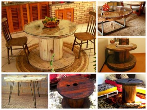 Bancos e mesas rústicas feitas de carretel de madeira