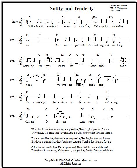 Beautiful Free Hymn Sheet Music, Softly and Tenderly Jesus ...