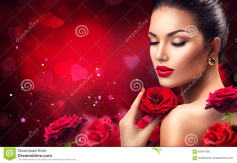 Beauty Romantic Woman With Red Rose Flowers Stock Photo ...