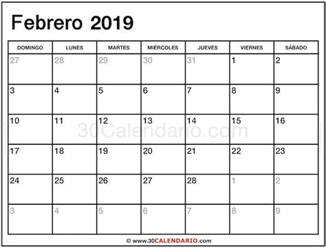 Blanco Calendario Febrero 2019 Con Feriados Y Para ...