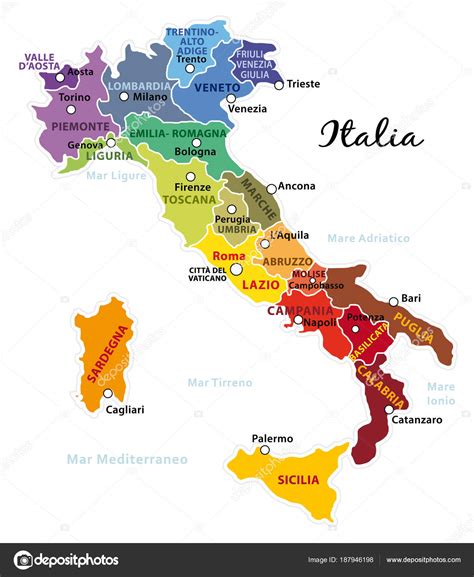 Bonito Colorido Mapa Itália Com Regiões Italianas Capitais ...