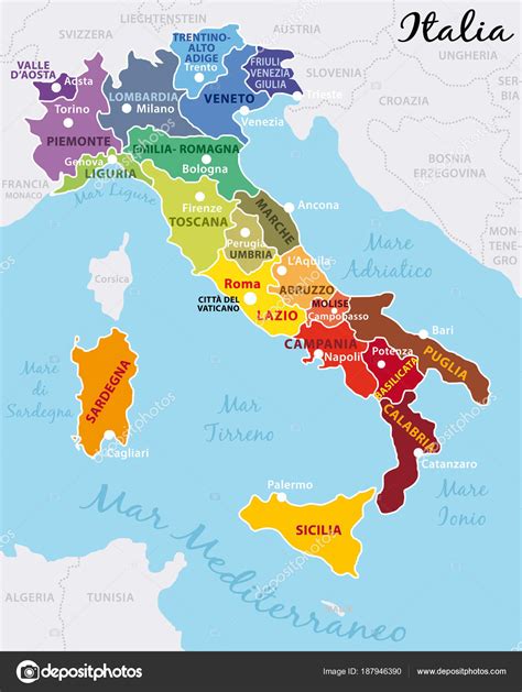 Bonito Colorido Mapa Itália Com Regiões Italianas Capitais ...