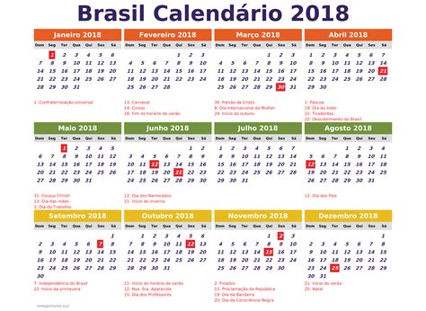 Brasil 2018 Calendario para imprimir com feriados ...