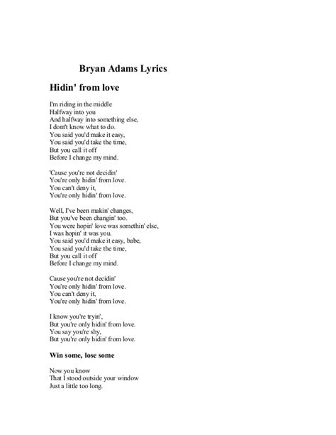BRAYAN ADAMS SONG LYRICS