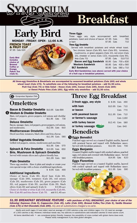 Breakfast & Brunch menu at Symposium Cafe Restaurants