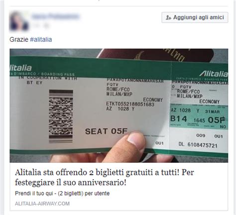 Bufala: Alitalia sta offrendo due biglietti gratuiti a tutti!