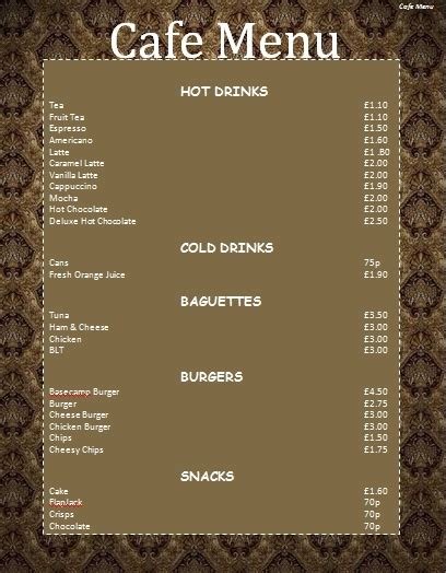 Cafe Menu Ideas | World of Printable and Chart