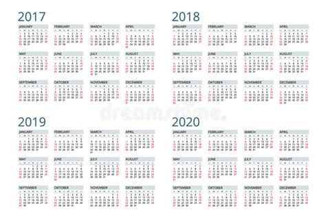 Calendar For 2017, 2018, 2019, 2020. Week Starts Sunday ...