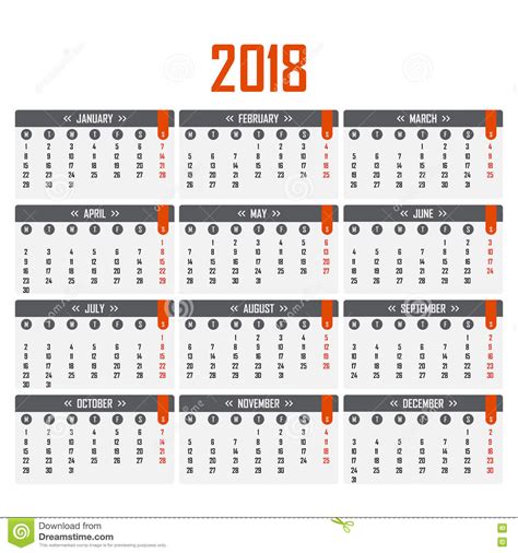 Calendar For 2018. Week Starts On Monday. Stock Vector ...