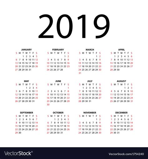 Calendar for 2019 Royalty Free Vector Image   VectorStock