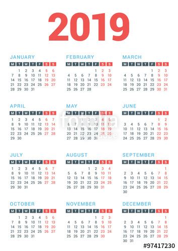 Calendar for 2019 Year on White Background. Week Starts ...