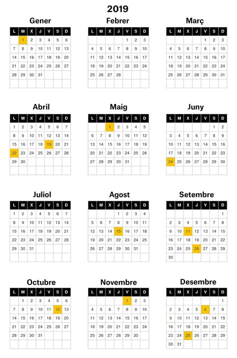 Calendari de festius Catalunya del 2019