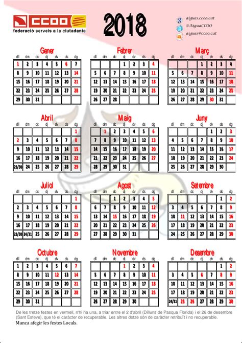 Calendari laboral 2018 – SS AQUAMBIENTE Catalunya