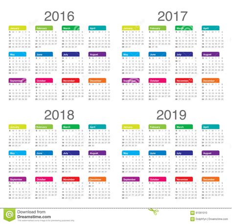 Calendario 2016 2017 2018 2019 Ilustración del Vector ...