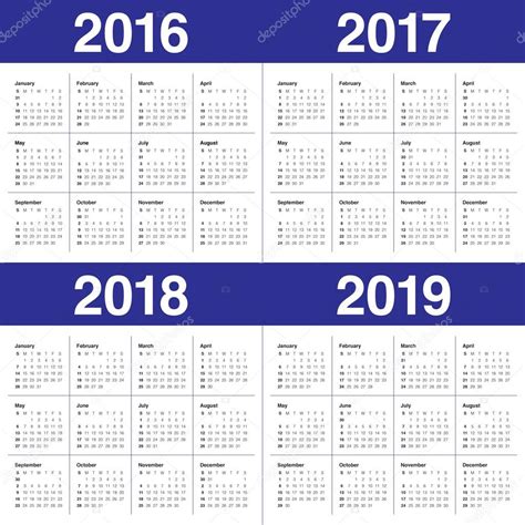Calendario 2016 2017 2018 2019 — Vector de stock ...