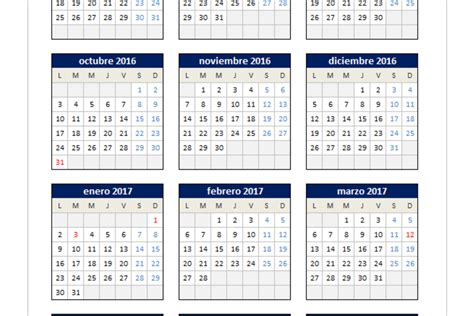 Calendario 2016/2017   PlanillaExcel.com