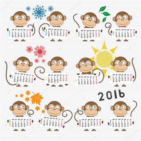 Calendario 2016 con monos lindos — Vector de stock ...