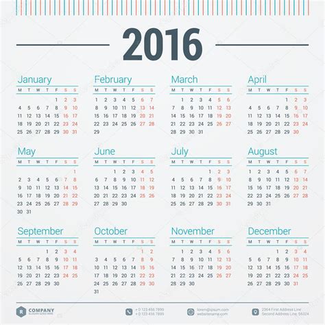 Calendario 2016 Vector plantilla de diseño. Comienza la ...