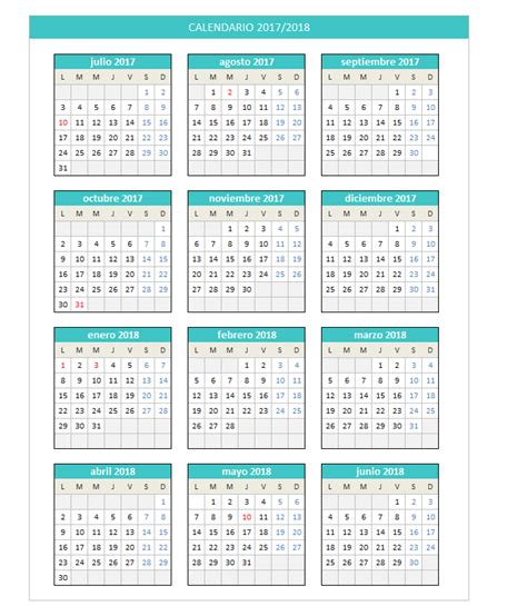 Calendario 2017/2018 en Excel   PlanillaExcel.com