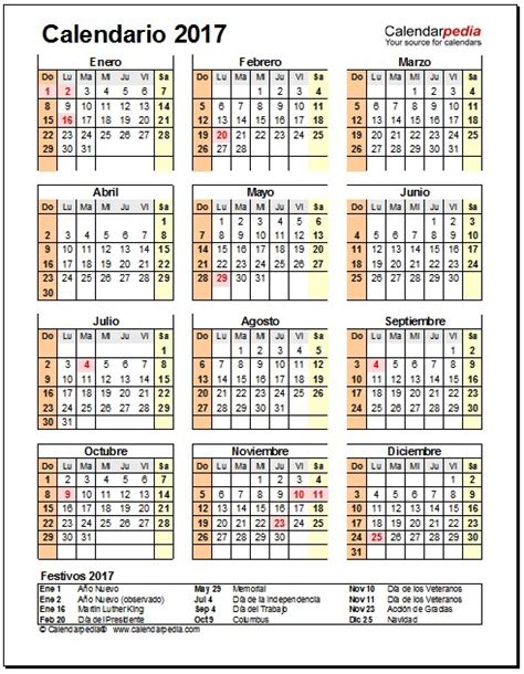 Calendario 2017 Estados Unidos anual y en español