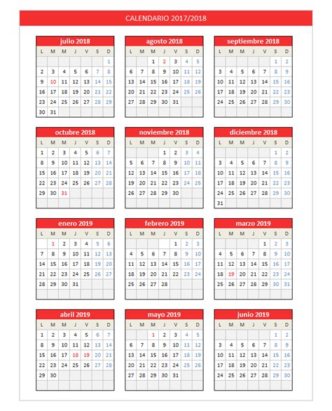 Calendario 2018/2019   PlanillaExcel.com